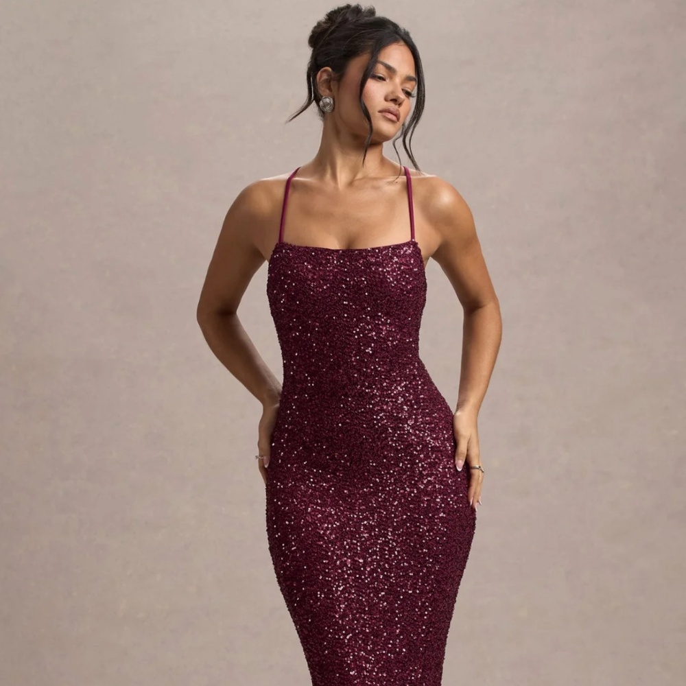 CLUB L LONDON COSMIC BERRY SEQUIN SQUARE-NECK STRAPPY MAXI DRESS